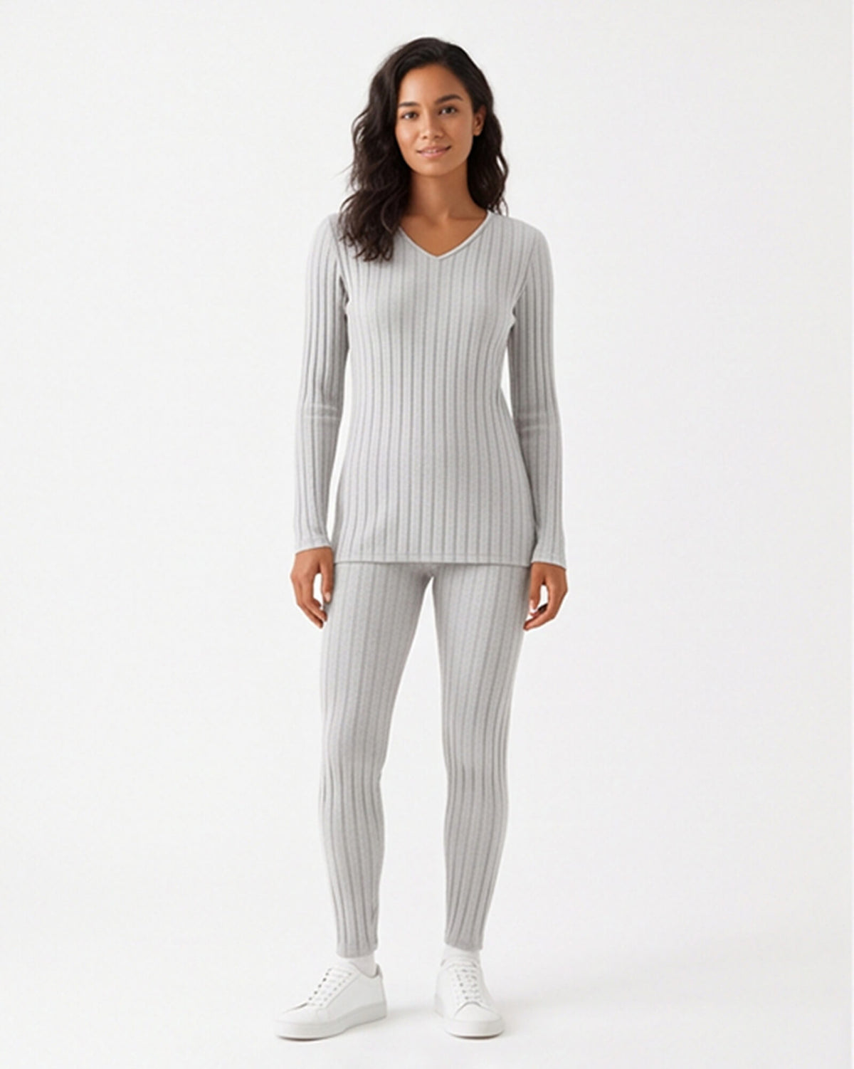 Ribbed V-Neck Long Sleeve Two-piece Set