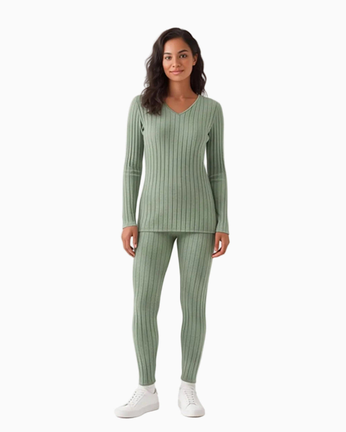 Ribbed V-Neck Long Sleeve Two-piece Set