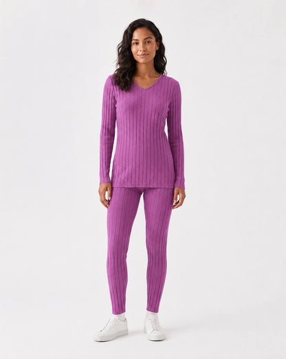 Ribbed V-Neck Long Sleeve Two-piece Set