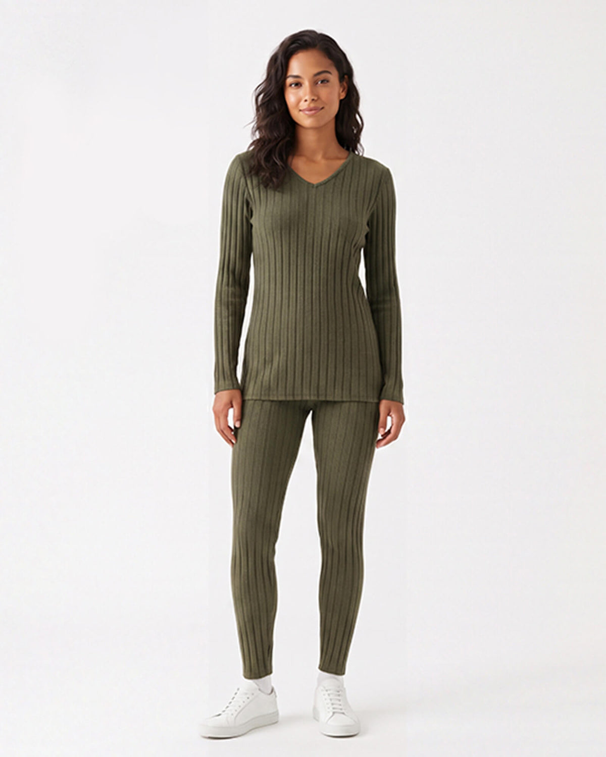 Ribbed V-Neck Long Sleeve Two-piece Set