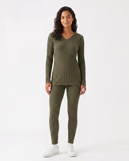 Ribbed V-Neck Long Sleeve Two-piece Set