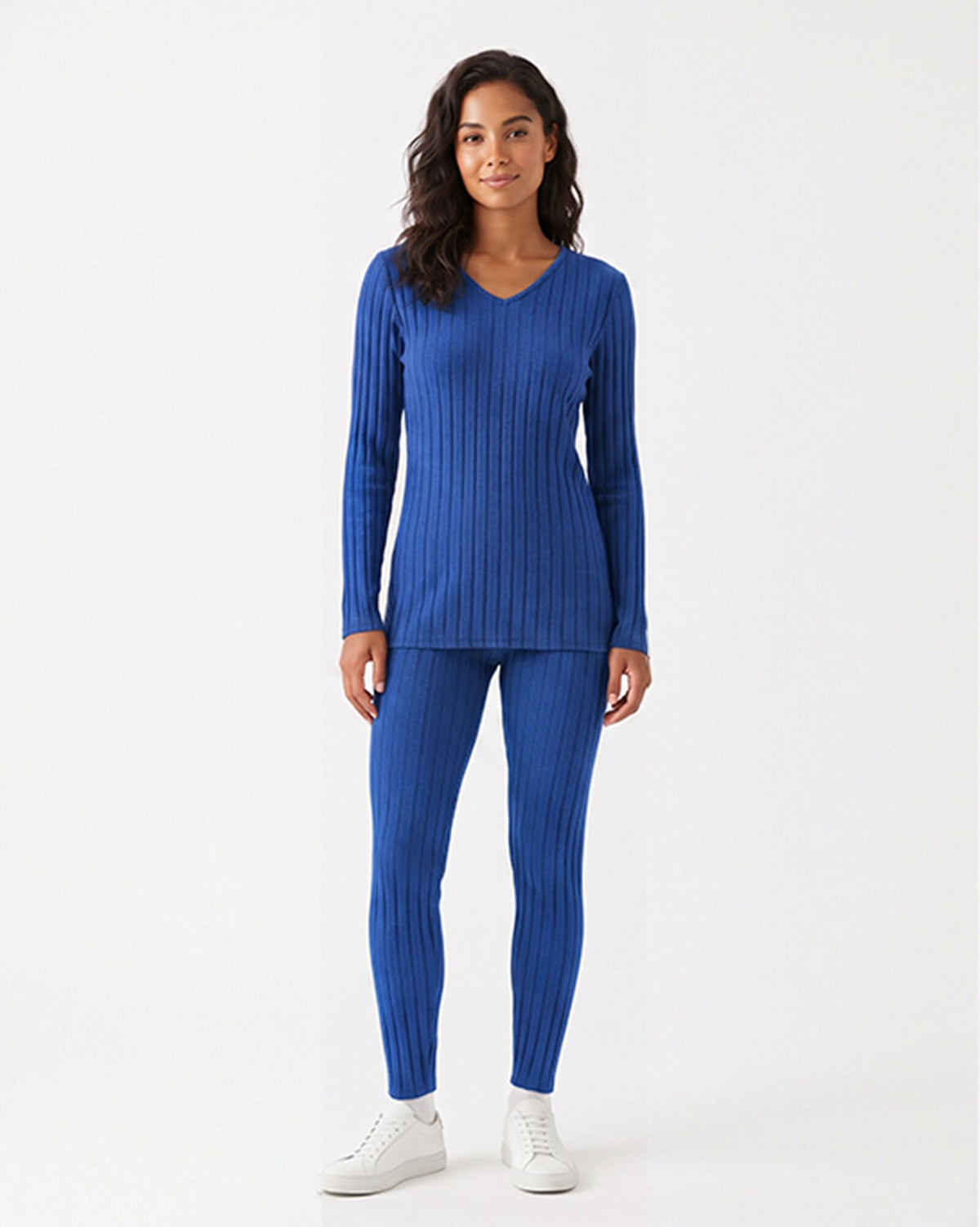 Ribbed V-Neck Long Sleeve Two-piece Set
