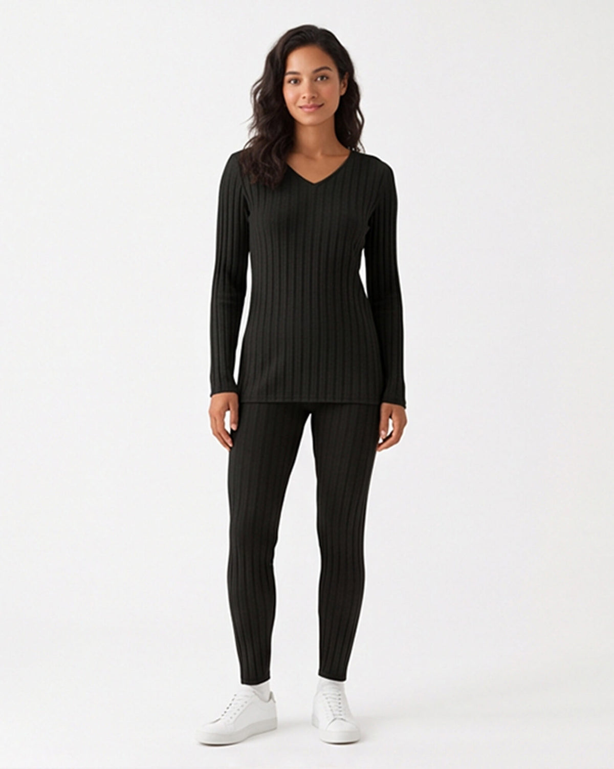 Ribbed V-Neck Long Sleeve Two-piece Set