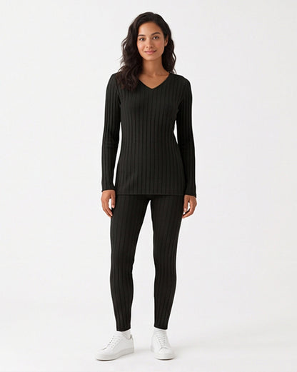Ribbed V-Neck Long Sleeve Two-piece Set