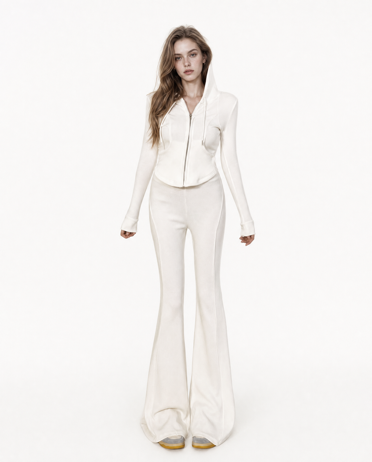 Ribbed Zip-Up Hoodie & Flared Pants Set