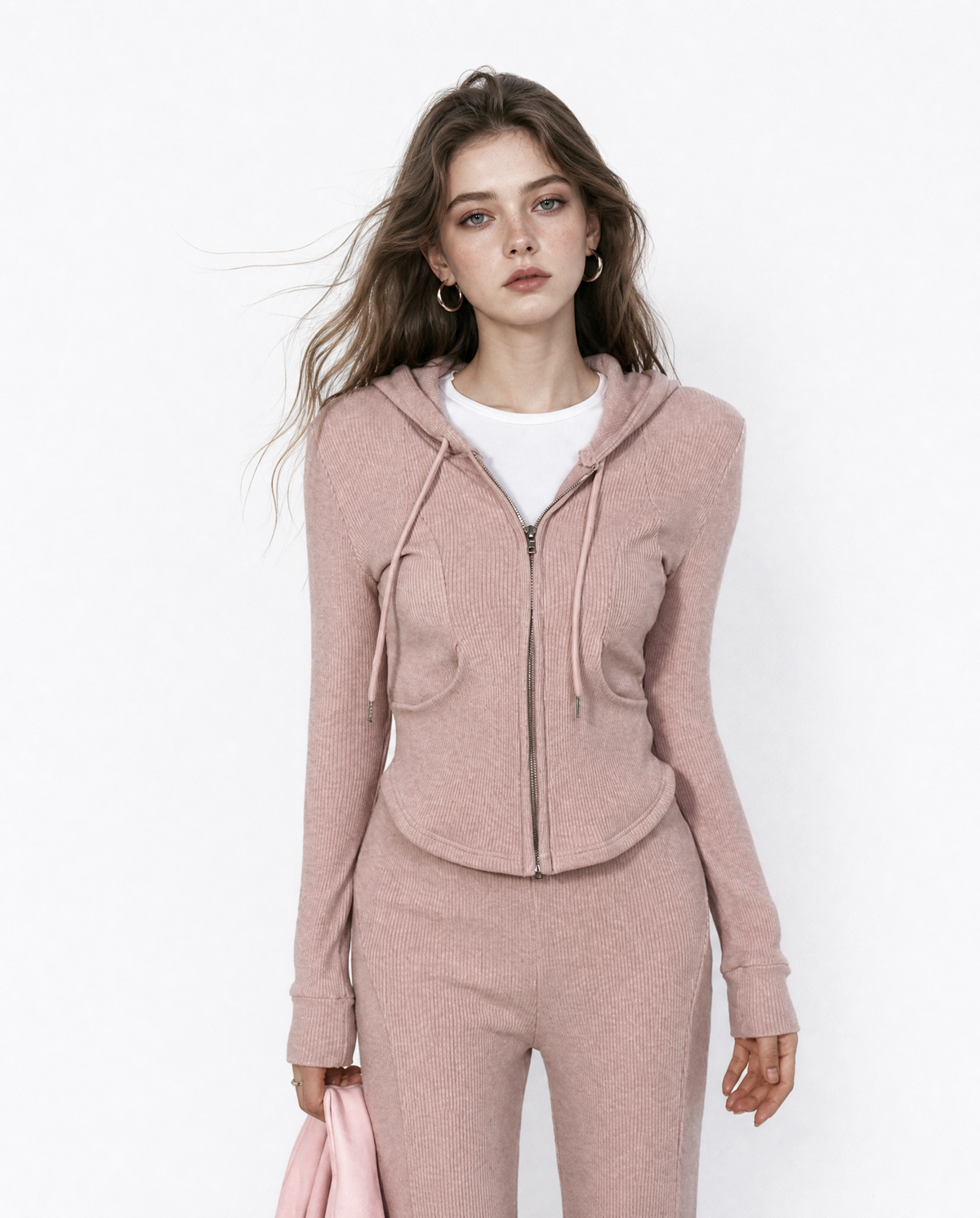 Ribbed Zip-Up Hoodie & Flared Pants Set