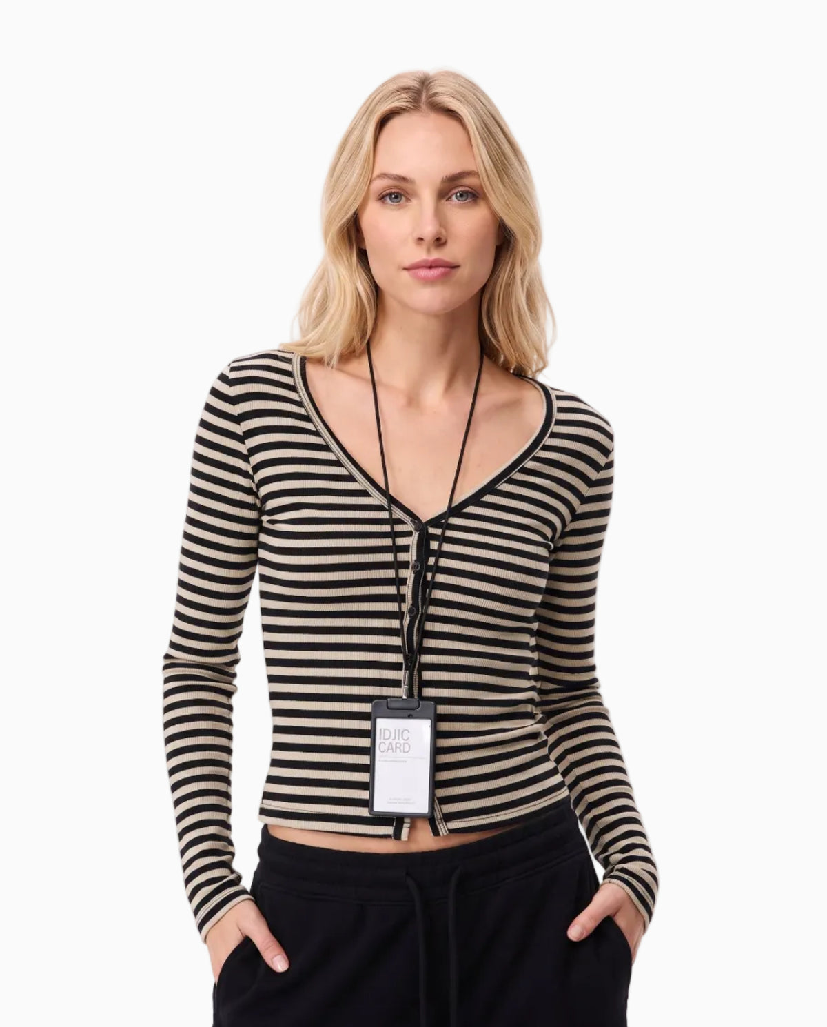 Striped Button-Front Long Sleeve Top