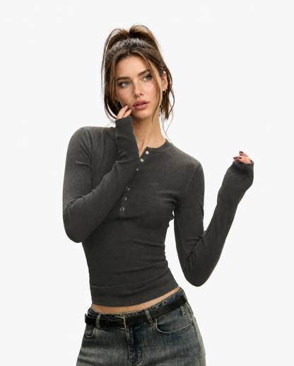 Snap-Button Henley Flared-Sleeve Top