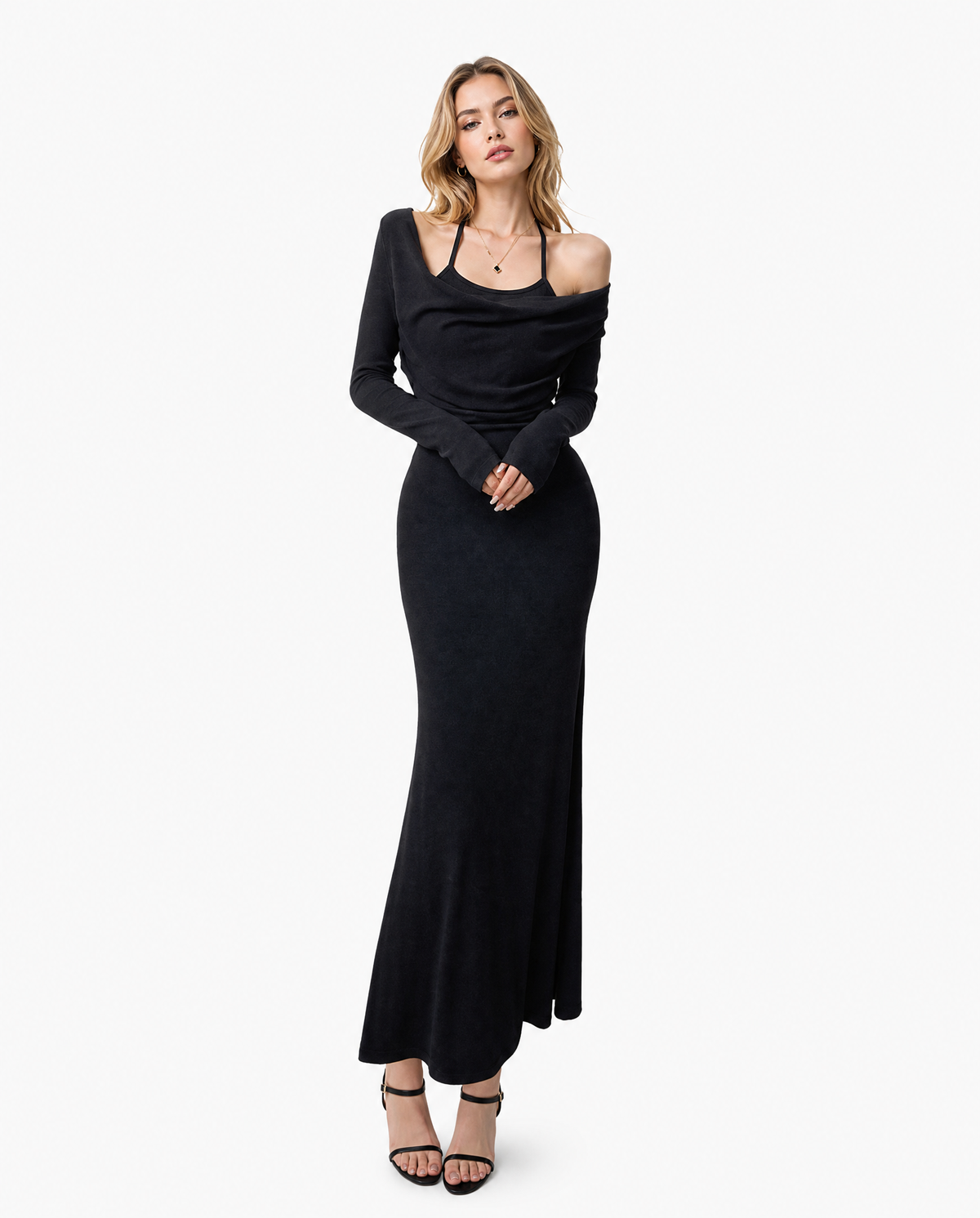 Draped Neck Bodycon Layered-Look Maxi Dress