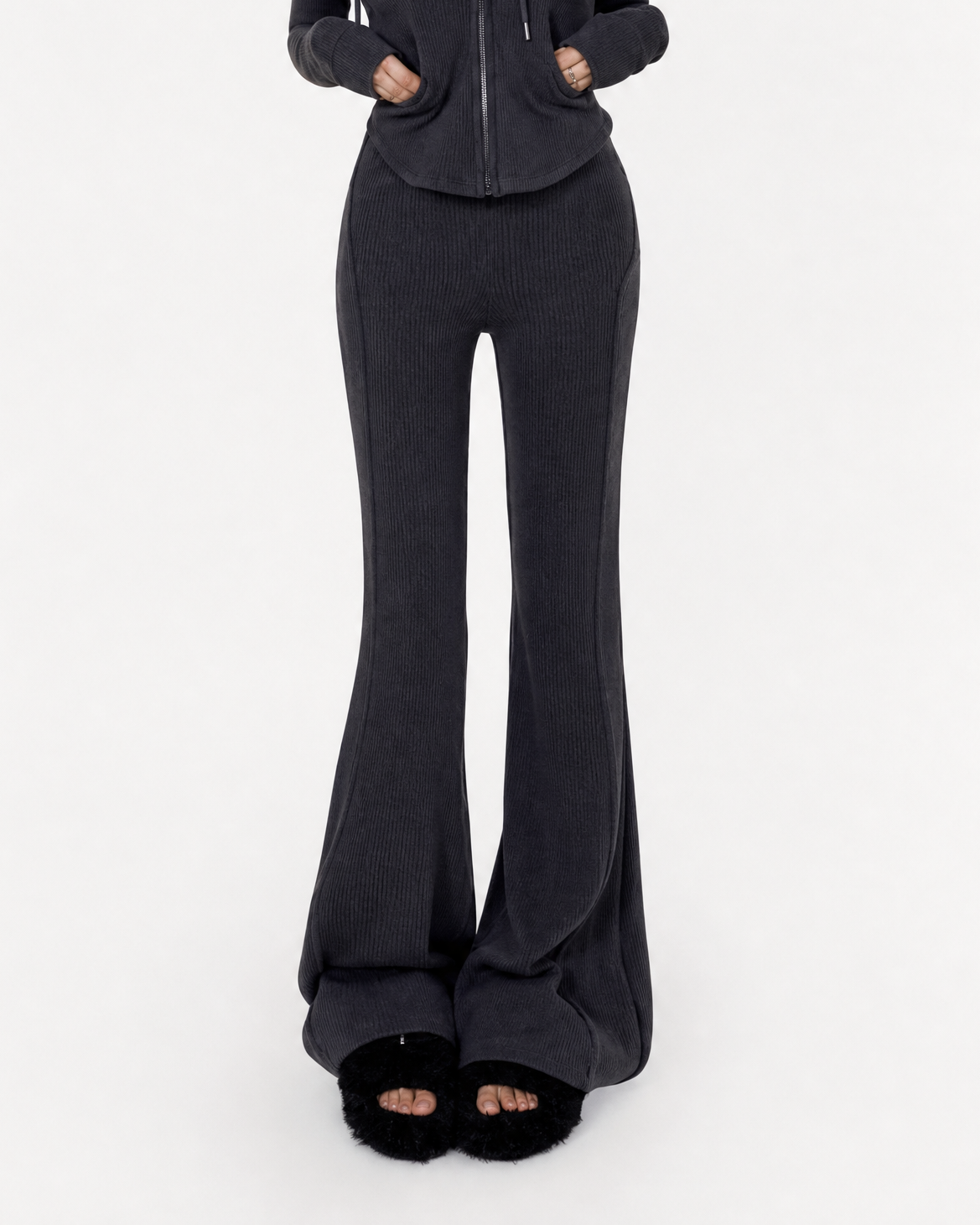 Ribbed Zip-Up Hoodie & Flared Pants Set