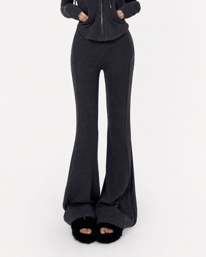 Ribbed Zip-Up Hoodie & Flared Pants Set