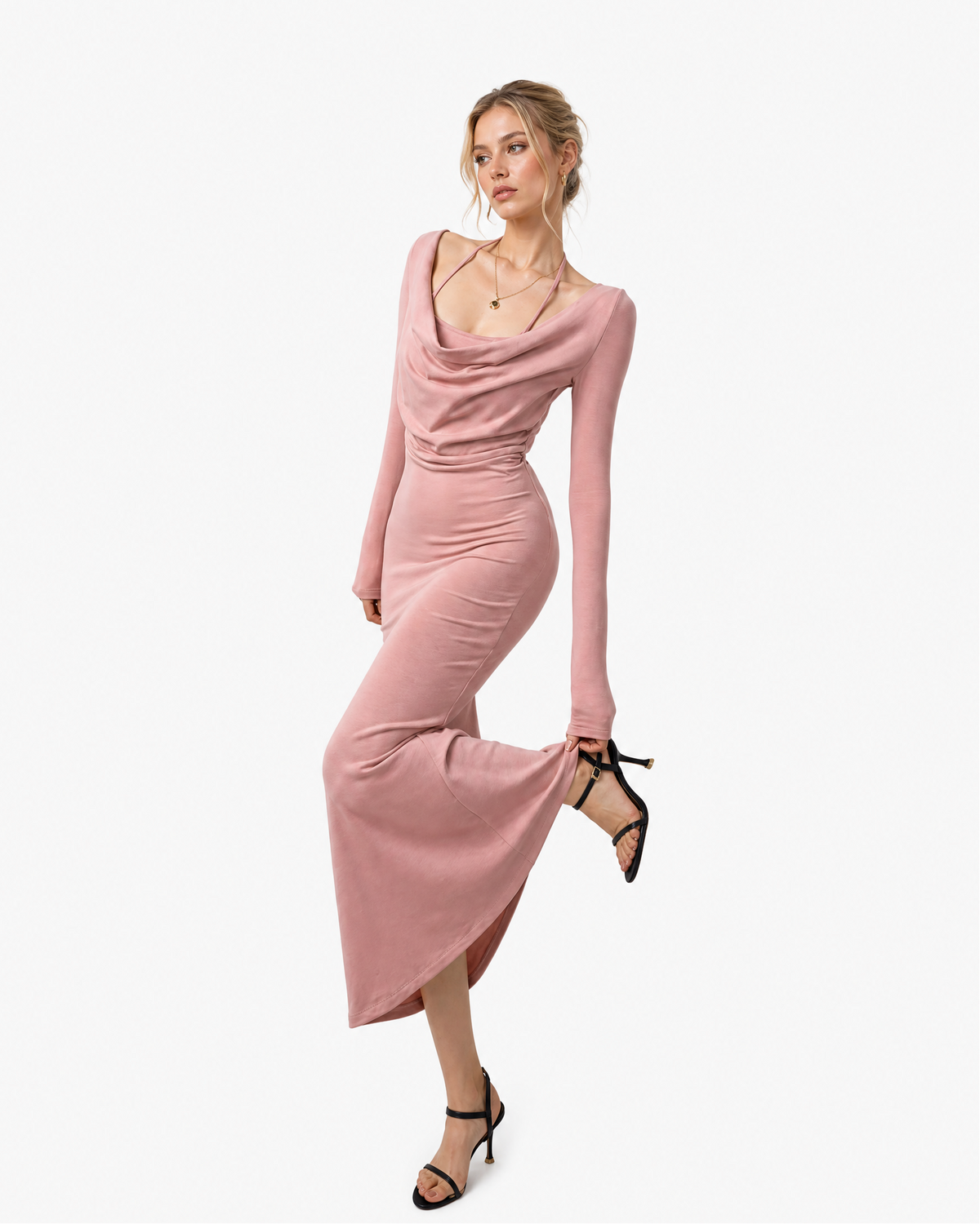 Draped Neck Bodycon Layered-Look Maxi Dress