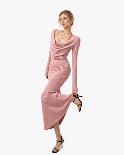 Draped Neck Bodycon Layered-Look Maxi Dress