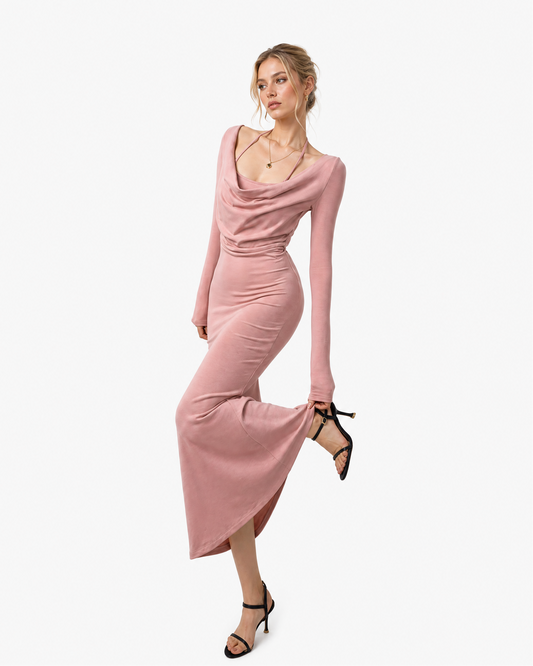 Draped Neck Bodycon Layered-Look Maxi Dress